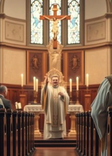 Tradycyjna katolicka Msza żałobna w sanktuarium Zdjęcie realistycznej, tradycyjnej katolickiej Mszy żałobnej w sanktuarium, z kapłanem w vestmentach, ołtarzem i krzyżem, oddające głębokie uczucie wiary i pobożności