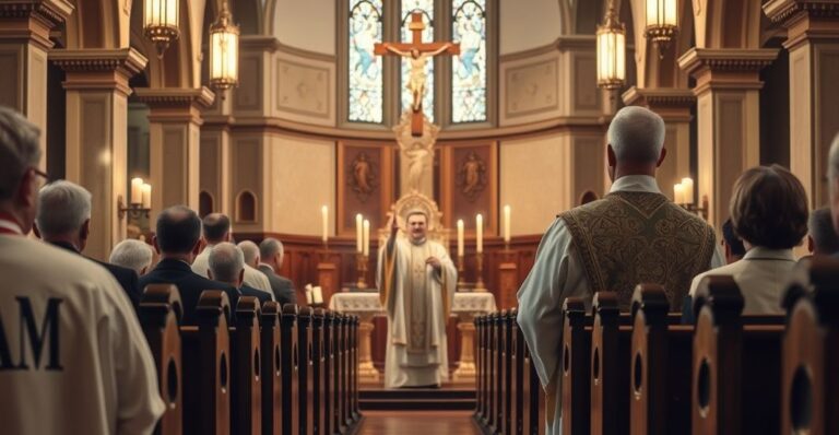 Zdjęcie realistycznej, tradycyjnej katolickiej Mszy żałobnej w sanktuarium, z kapłanem w vestmentach, ołtarzem i krzyżem, oddające głębokie uczucie wiary i pobożności