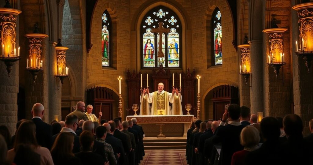 Fotografia realistyczna ukazująca tradycyjną Mszę katolicką w sanktuarium, pełną skupienia, modlitwy i liturgicznej czci, z kapłanem w sutannie i wiernymi w modlitewnym skupieniu.