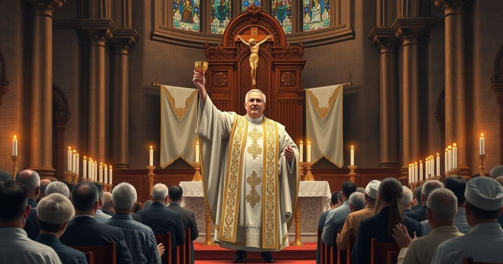 Tradycyjna scena Mszy Świętej w katolickim kościele, wierni w modlitewnej postawie, kapłan celebrujący liturgię, wyraz głębokiej pobożności i wiernej tradycji katolickiej