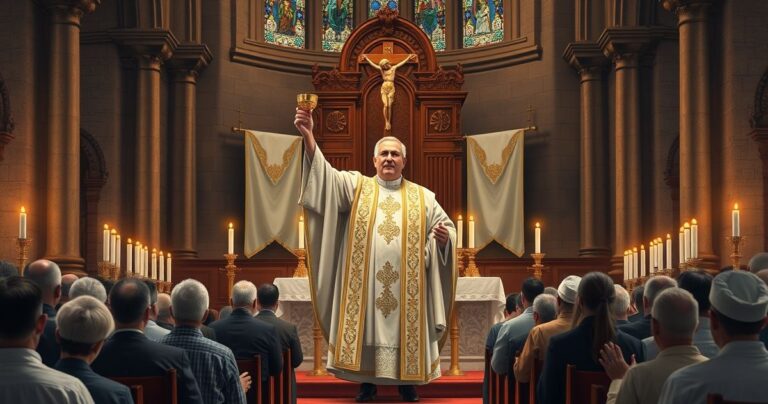 Tradycyjna scena Mszy Świętej w katolickim kościele, wierni w modlitewnej postawie, kapłan celebrujący liturgię, wyraz głębokiej pobożności i wiernej tradycji katolickiej