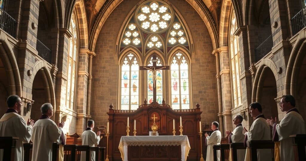 Rewersyjne, realistyczne zdjęcie przedstawiające tradycyjną ceremonię w kościele katolickim z krucyfiksem i duchownymi w liturgicznych vestmentach, pełne skupienia i duchowego uniesienia.