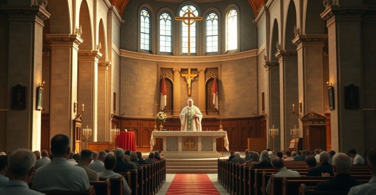Realistyczne zdjęcie katolickiego kościoła z kapłanem odprawiającym Mszę Świętą z szacunkiem dla sakramentu Eucharystii, odzwierciedlające powagę i wierność tradycji katolickiej