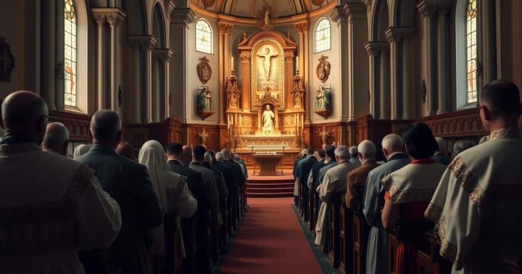 Fotografia realistyczna ukazująca wiernych w tradycyjnym katolickim kościele podczas Mszy świętej, podkreślająca pobożność i szacunek, bez surrealistycznych elementów
