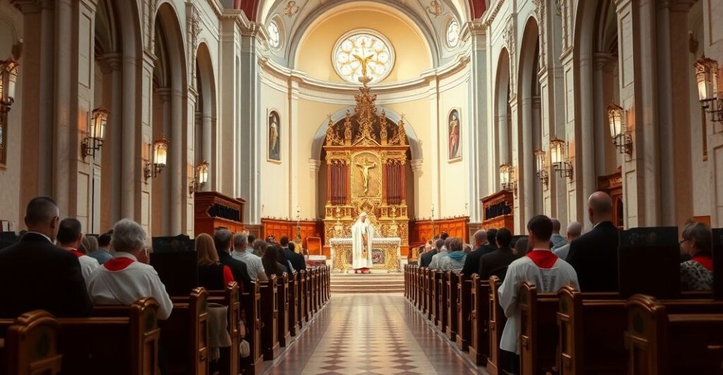 Sanktuarium katolickie podczas tradycyjnej mszy, duchowa atmosfera, kapłan w liturgicznych szatach przy ołtarzu
