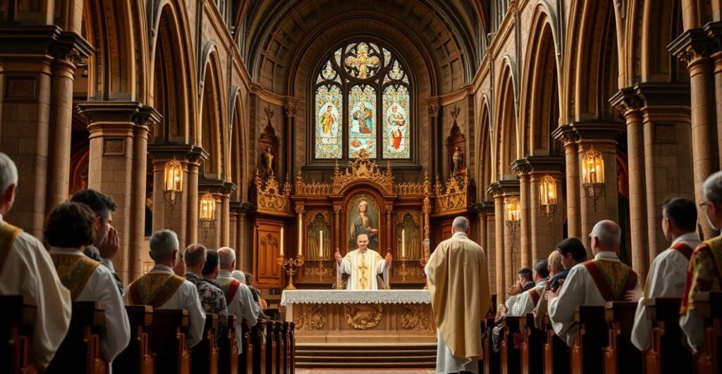 Rezerwowa scena liturgiczna ukazująca tradycyjnego katolickiego kapłana odprawiającego mszę w historycznym kościele, podkreślająca autentyczną eucharystię i szacunek dla sakramentów.