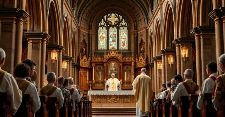 Rezerwowa scena liturgiczna ukazująca tradycyjnego katolickiego kapłana odprawiającego mszę w historycznym kościele, podkreślająca autentyczną eucharystię i szacunek dla sakramentów.