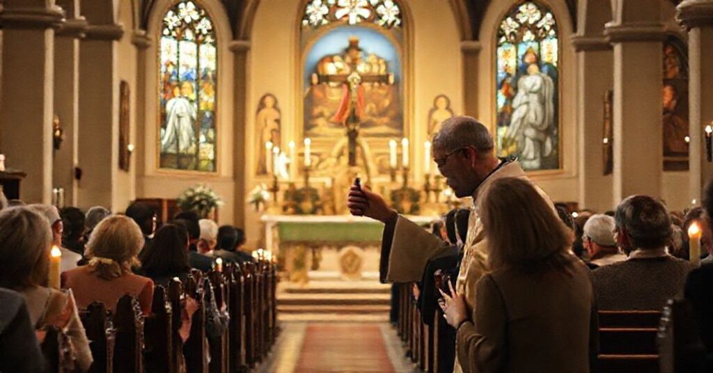 Tradycyjny kościół katolicki w okresie Adwentu z modlącą się wspólnotą podczas modlitwy Anioła Pańskiego.