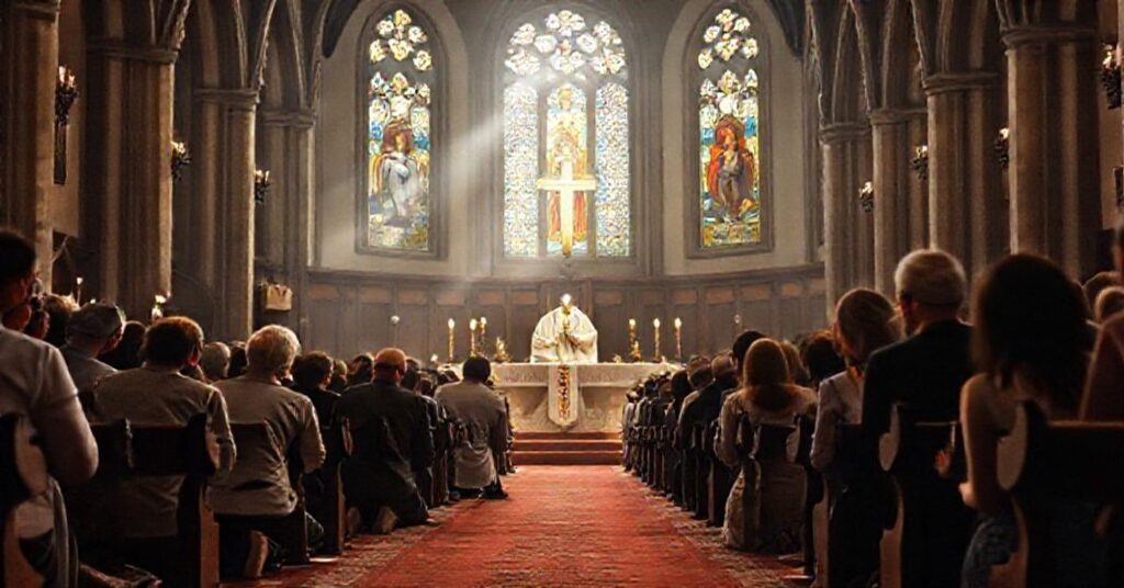 Grupa wiernych modlących się w tradycyjnym kościele katolickim przed Najświętszym Sakramentem