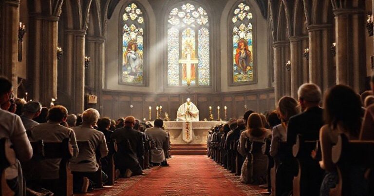 Grupa wiernych modlących się w tradycyjnym kościele katolickim przed Najświętszym Sakramentem