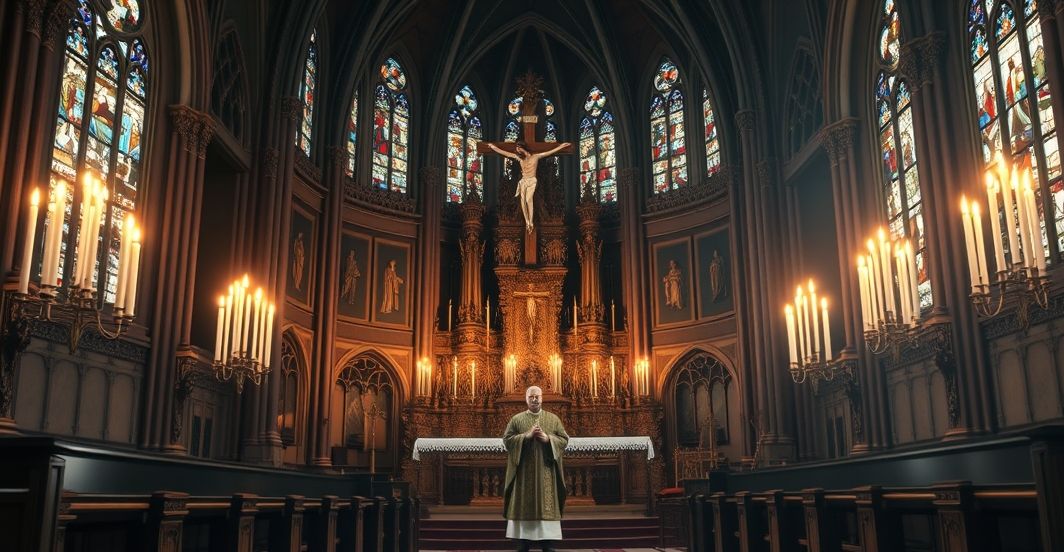 Tradycyjna katolicka scena modlitewna w kościele, ukazująca kapłana przy ołtarzu, refleksja nad zagrożeniami modernizmu i fałszywego ekumenizmu