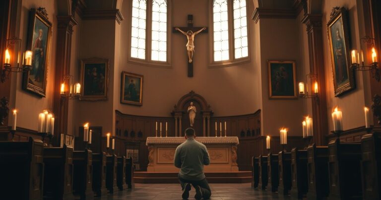 Wierny w tradycyjnym kościele katolickim modlący się pokornie przed klasycznym ołtarzem z krzyżem, otoczony światłem świec i tradycyjną sztuką religijną