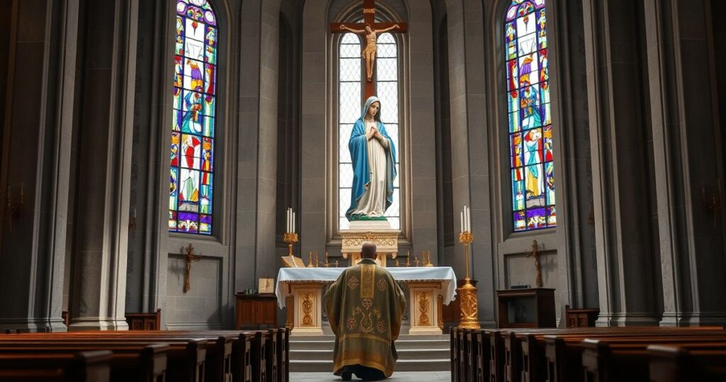 Realistyczny obraz katolickiego kapłana modlącego się przed figurą Matki Bożej w świątyni, symbolizujący wierną tradycję i odrzucenie modernistycznej apostazji