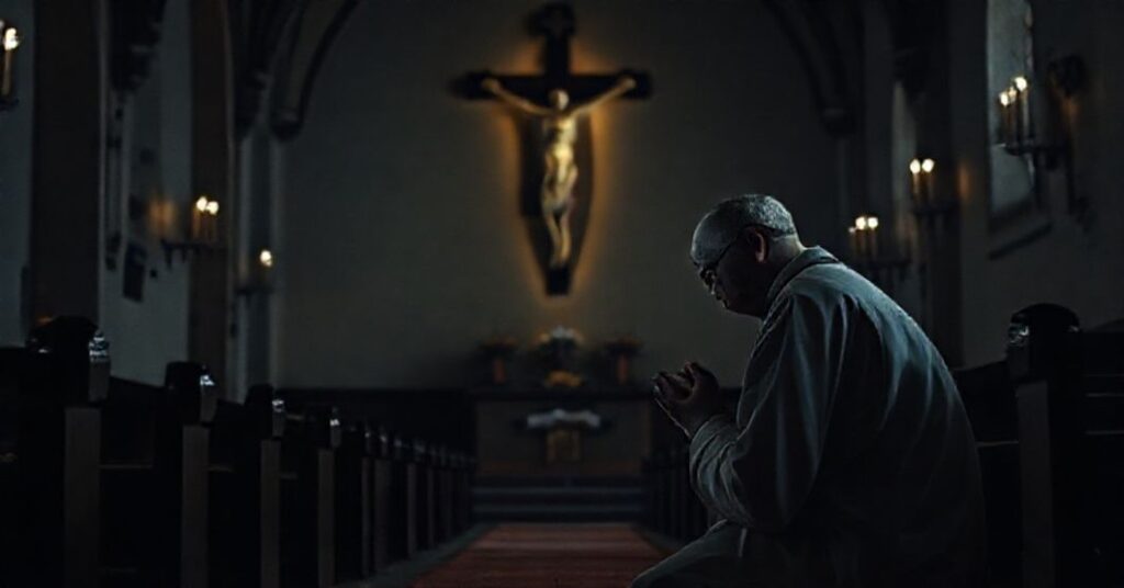 Kobieta w tradycyjnym stroju katolickim modli się przed krzyżem w ciemnym kościele.