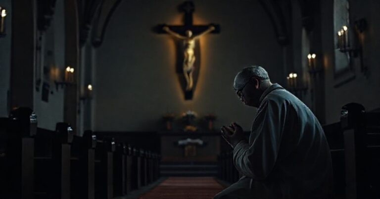 Kobieta w tradycyjnym stroju katolickim modli się przed krzyżem w ciemnym kościele.