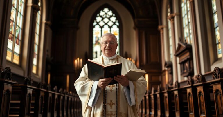 Tradycyjny katolicki kapłan w pełnych szatach liturgicznych modlący się w klasycznym kościele z bogato zdobionym ołtarzem i światłem przechodzącym przez witraże.