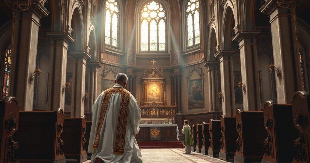 Kaplica katolicka z kapłanem w liturgicznych szatach modlącym się przed tabernakulum, odzwierciedlająca tradycyjną pobożność i wierną praktykę katolicką
