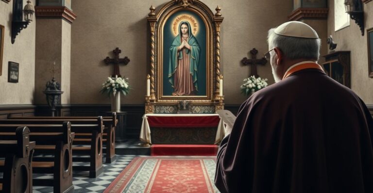 Ksiądz modli się przed obrazem Matki Bożej Gietrzwałdzkiej w kościele, symbolizując tradycyjną, katolicką pobożność i sprzeciw wobec modernistycznych reinterpretacji