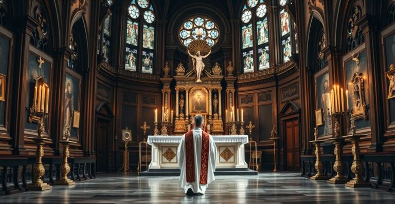 Tradycyjna scena kościelna z kapłanem modlącym się przed ołtarzem Świętego Michała Archanioła w religijnej, pełnej szacunku atmosferze