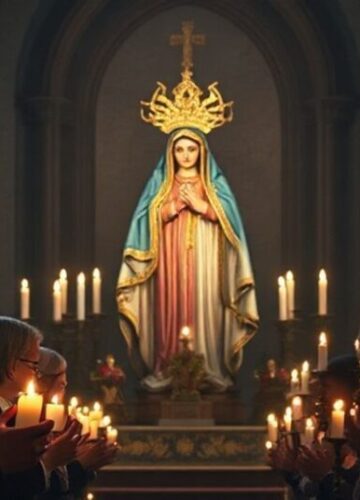 Tradycyjna Modlitwa Różańcowa - Siła Wiary Tradycyjna grupa katolicka modląca się różaniec w ciemnym koście przed ozdobioną statuą Matki Boskiej otoczoną zapalonymi łopatkami. Scena podkreśla godność tradycyjnej pobożności i siłŹ różańca jako broni przeciwko herezjom.