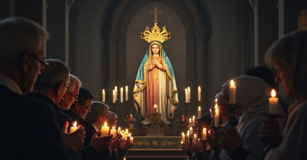 Tradycyjna grupa katolicka modląca się różaniec w ciemnym koście przed ozdobioną statuą Matki Boskiej otoczoną zapalonymi łopatkami. Scena podkreśla godność tradycyjnej pobożności i siłŹ różańca jako broni przeciwko herezjom.