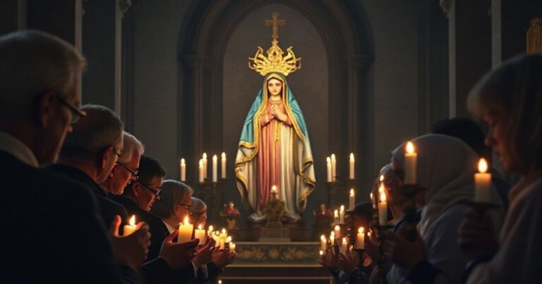 Tradycyjna grupa katolicka modląca się różaniec w ciemnym koście przed ozdobioną statuą Matki Boskiej otoczoną zapalonymi łopatkami. Scena podkreśla godność tradycyjnej pobożności i siłŹ różańca jako broni przeciwko herezjom.