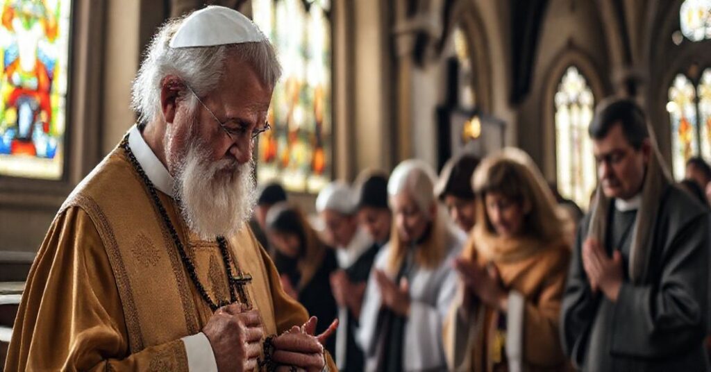 Starszy księża w tradycyjnych szatach liturgicznych prowadzi modlitwę różańcową w historycznym kościele. Wierni skupieni w modlitwie, oświetlenie z witraży podkreśla sakralny charakter sceny.