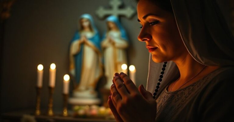 Kobieta modląca się różaneczem w cichnym kaplicy przy świecach wotowych, z rzeźbą Matki Boskiej i krzyżem na tle.