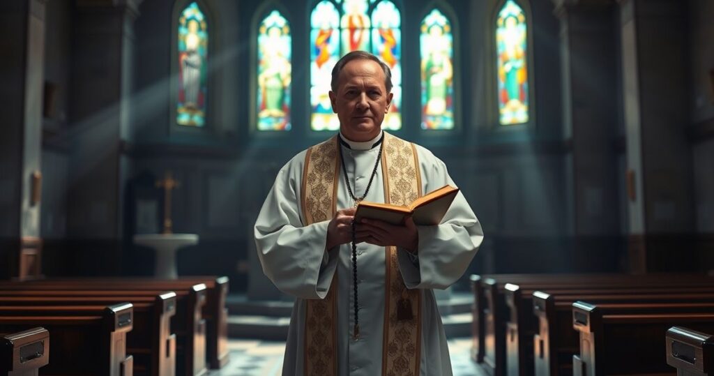 Kapłan katolicki w tradycyjnym stroju modlący się w kościele z witrażami, symbolizujący głęboką wiarę i kontemplację z perspektywy sedewakantyzmu