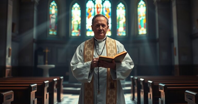 Kapłan katolicki w tradycyjnym stroju modlący się w kościele z witrażami, symbolizujący głęboką wiarę i kontemplację z perspektywy sedewakantyzmu