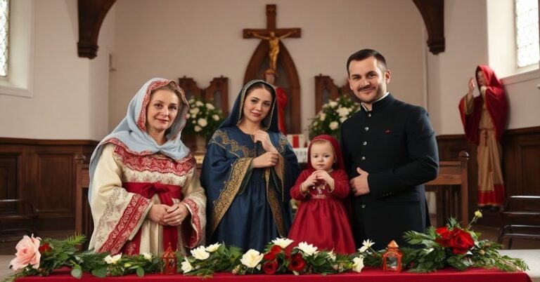 Tradycyjna katolicka rodzina modli się w kaplicy w Wigilię Bożego Narodzenia przy szopce z figurami św. Rodziny