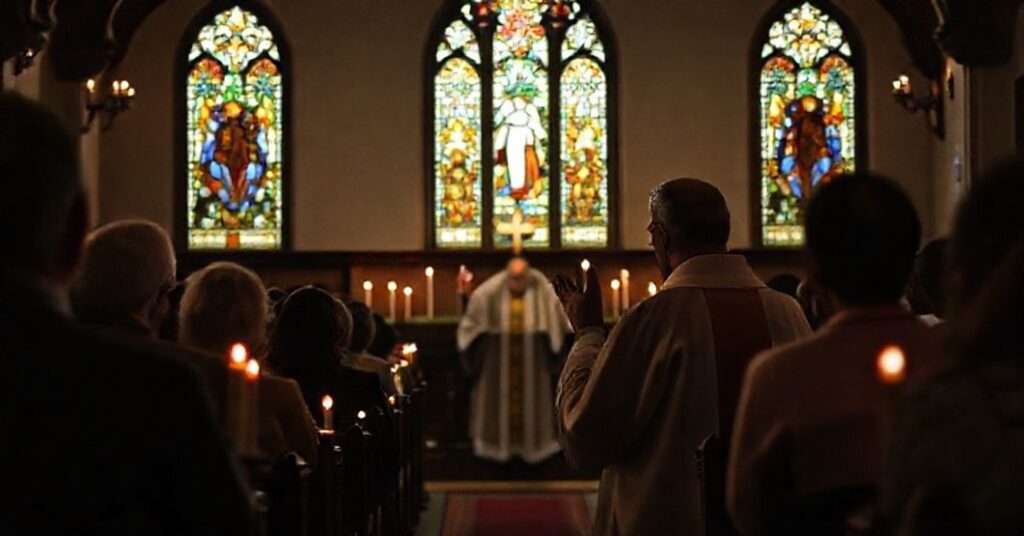 Stary katolicki kościół z kaplicą poświęconą modlitwie za zmarłych. Kapłan w ornaty prowadzi tradycyjną liturgię w otoczeniu wiernych.