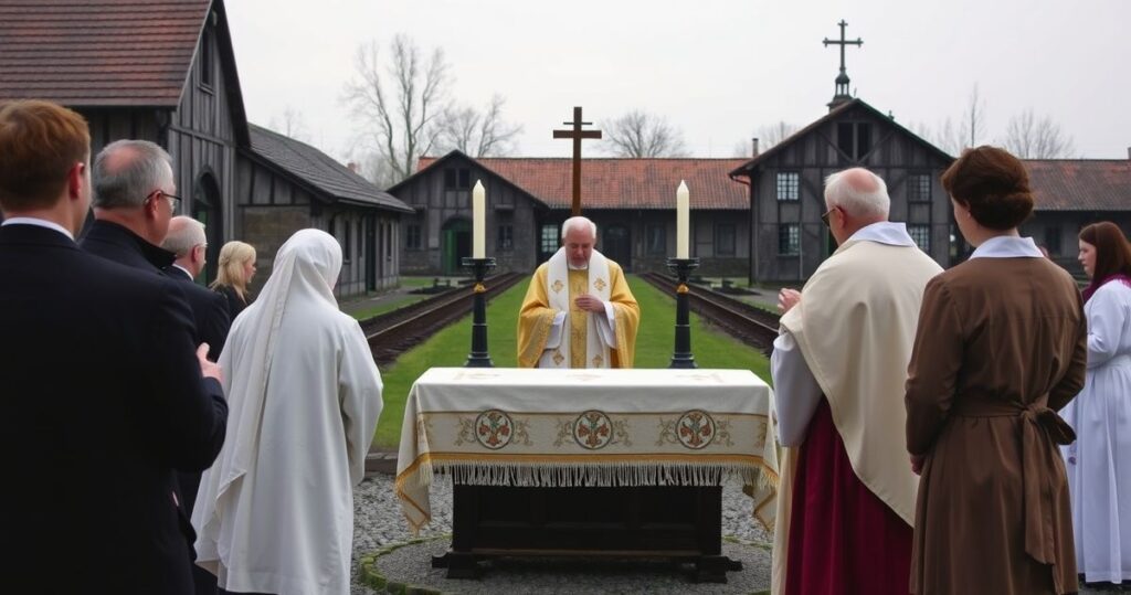 Rezystancka, pełna szacunku scena Mszy świętej w tradycyjnym rytuale w Auschwitz, z kapłanem, wiernymi i ołtarzem, skupiona na oddaniu czci Bogu w głębokiej modlitwie, bez symboli nowoczesnych czy surrealistycznych.