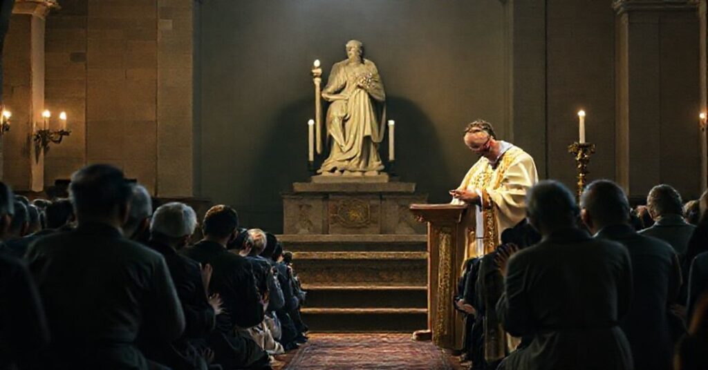 Tradycyjna msza święta w czasie Adwentu z kapłanem w ornacie i wiernymi modlącymi się.