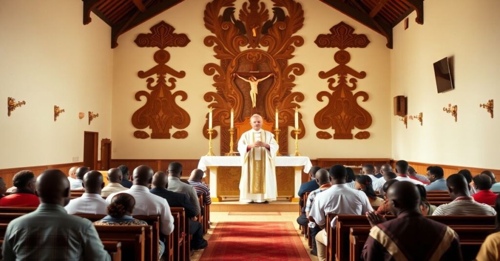 Tradycyjna msza katolicka w kościele afrykańskim z kapłanem w białej szacie stojącym przy ołtarzu i klęczącymi wiernymi.