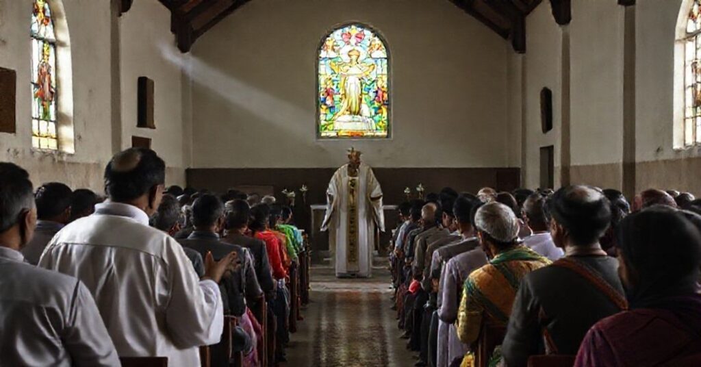 Tradycyjna msza katolicka w wiejskiej kaplicy w Bangladeszu z miejscowymi wiernymi.