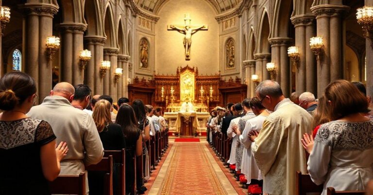 Stara tradycyjna msza katolicka z kapłanem w stroju liturgicznym, wypełniona modlitwą i czcią Chrystusa Króla