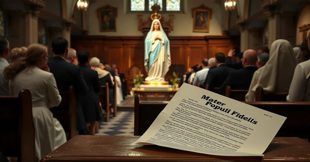 Tradycyjna msza łacińska w kościele katolickim z rzeźbą Matki Bożej i wiernymi modlącymi się