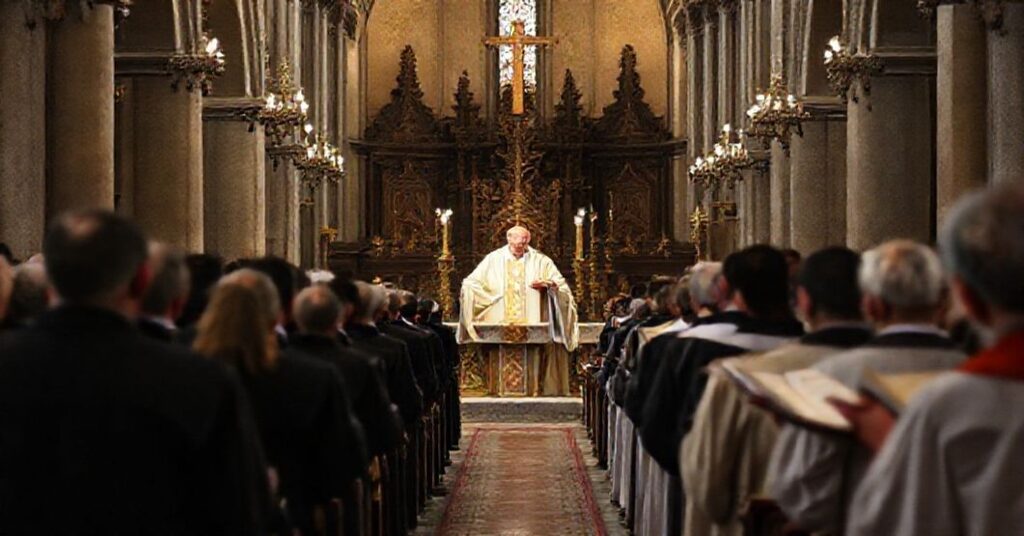 Tradycyjna msza w katedrze kaliskiej z kapłanem celebrowanym w obrzędzie łacińskim, otoczony wiernymi.