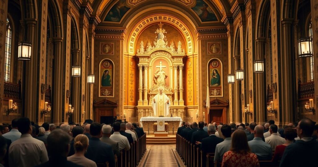 Fotorealistyczne, pełne szacunku wyobrażenie tradycyjnej Mszy świętej w katolickim kościele, z kapłanem w liturgicznych szatach i wiernymi w modlitewnym skupieniu.