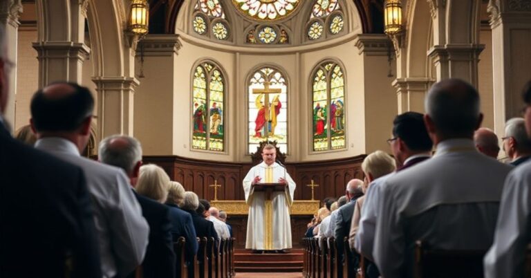 Tradycyjna msza w kościele z kapłanem w ornacie na ambonie i skupionymi wiernymi.