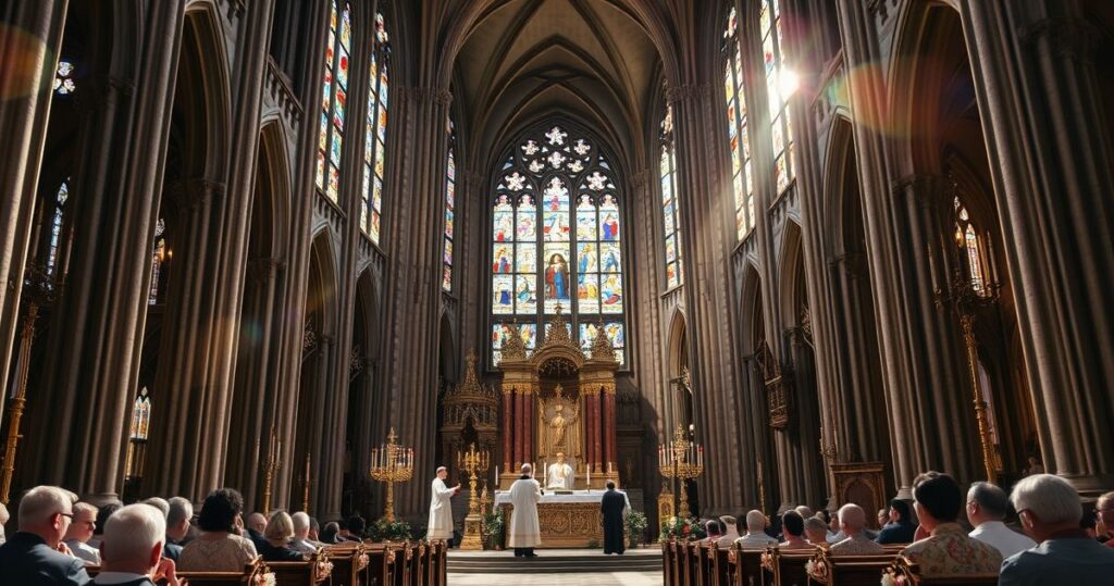 Rekolekcje katolickie w tradycyjnej archikatedrze z kapłanami podczas Eucharystii, symbolizujące duchową głębię i wierność tradycji Kościoła katolickiego.