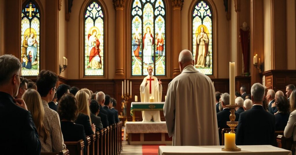 Realistyczny obraz tradycyjnej mszy katolickiej w kościele z księdzem w sutannie i birecie prowadzącym modlitwę. Tło przedstawia witraże z biblijnymi scenami, a ołtarz zdobią świece i przedmioty religijne. Atmosfera jest poważna i duchowo podnosząca, podkreślająca sakralną naturę Eucharystii i ważność zbawienia duchowego nad materializmem.