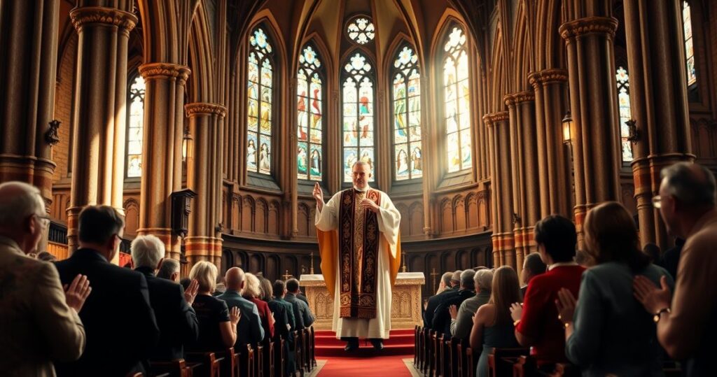 Tradycyjna katolicka Msza święta w zabytkowym kościele, kapłan w klasycznych szatach liturgicznych sprawujący Mszę z nabożnością, wierni modlący się z różańcami i brewiarzami