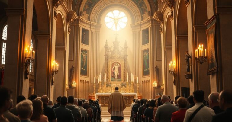 Tradycyjna Msza święta w katedrze z kapłanem w klasycznych szatach liturgicznych, wierni w modlitwie, bogate zdobienia i świece, atmosfera głębokiego nabożeństwa i wiary katolickiej