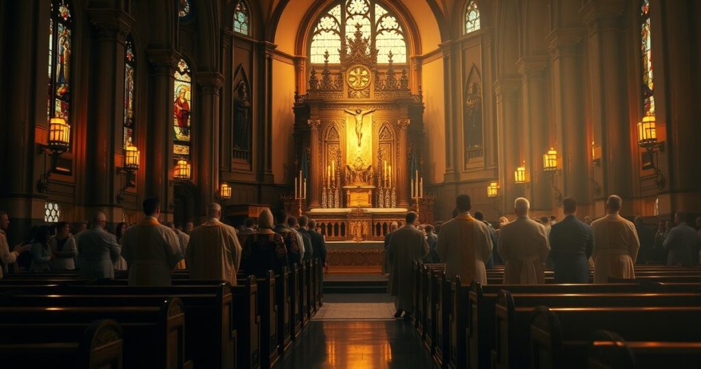Sanktuarium katolickie podczas tradycyjnej Mszy św., z kapłanem w liturgicznych szatach, ołtarzem i krucyfiksem, ukazujące głęboką pobożność i szacunek do prawdziwej wiary katolickiej