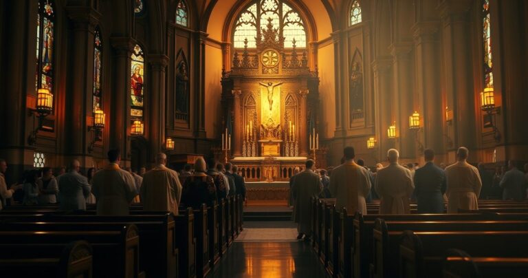 Sanktuarium katolickie podczas tradycyjnej Mszy św., z kapłanem w liturgicznych szatach, ołtarzem i krucyfiksem, ukazujące głęboką pobożność i szacunek do prawdziwej wiary katolickiej