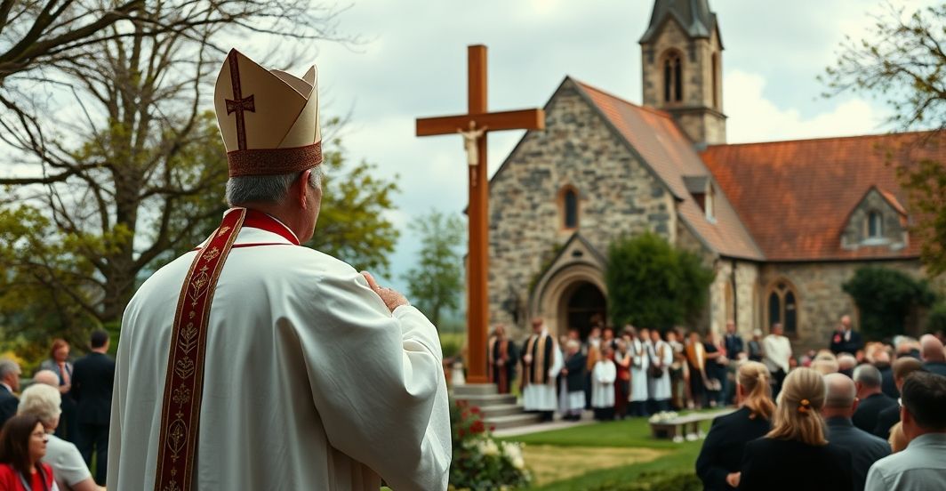 Fotografia realistyczna katolickiego księdza odprawiającego tradycyjną Mszę w spokojnym otoczeniu, z krzyżem i wiernymi, wyrażająca głęboką pobożność i tradycję katolicką.