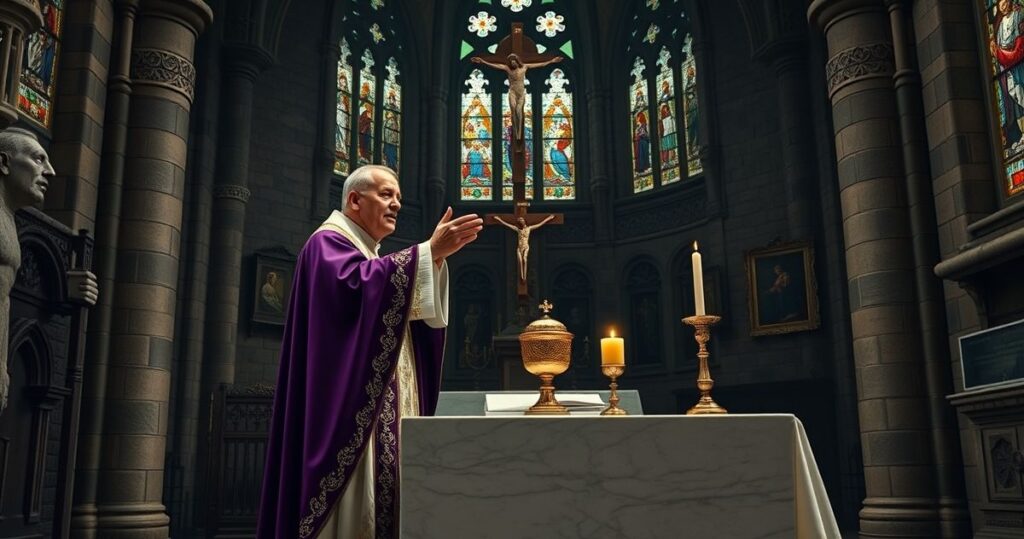 Szokujące zdjęcie tradycyjnego katolickiego kapłana odprawiającego Mszę w historycznym kościele, podkreślające powagę i wierność tradycji, bez elementów modernistycznych.