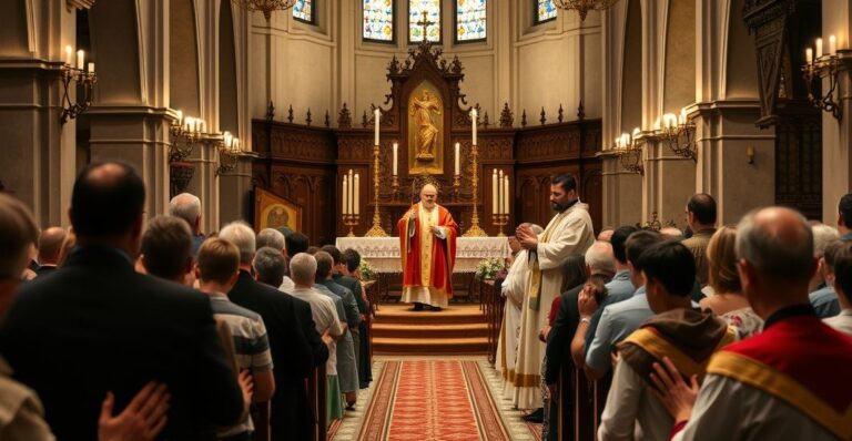 Tradycyjna katolicka msza święta w historycznej kościele, z biskupem w szatach celebrującym liturgię. Ołtarz ozdobiony jest świecami i przedmiotami religijnymi, a wierni, w tym młodzież, modlą się na kolanach. Atmosfera jest poważna i uroczysta, podkreślając Królowanie Chrystusa i świętość liturgii.